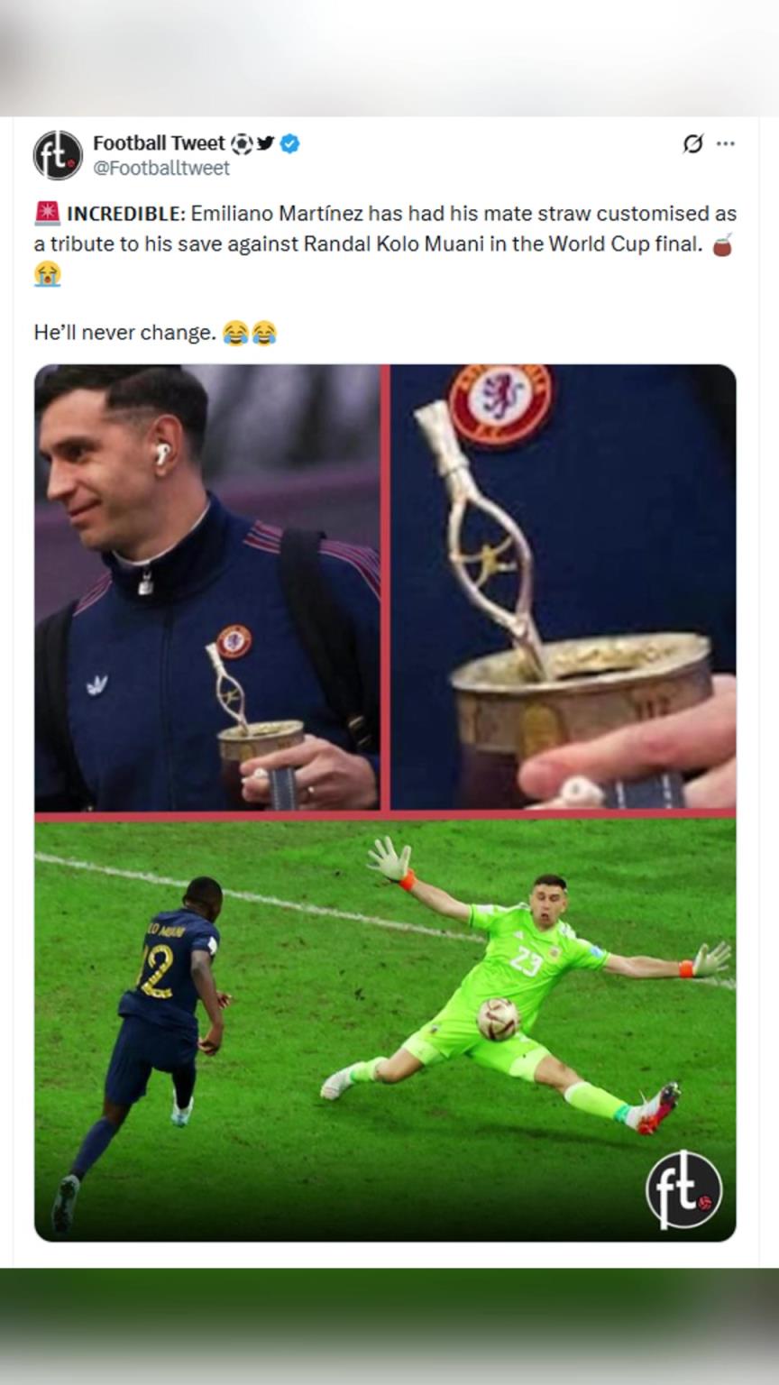 大马丁定制了一根马黛茶吸管，纪念他在世界杯决赛中扑出单刀