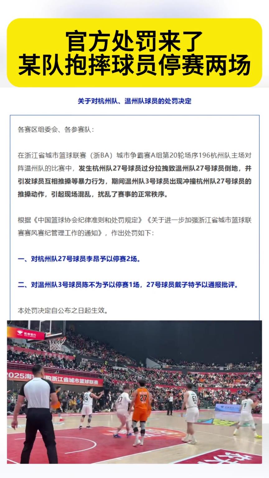 官方处罚来了，某队抱摔球员停赛两场...