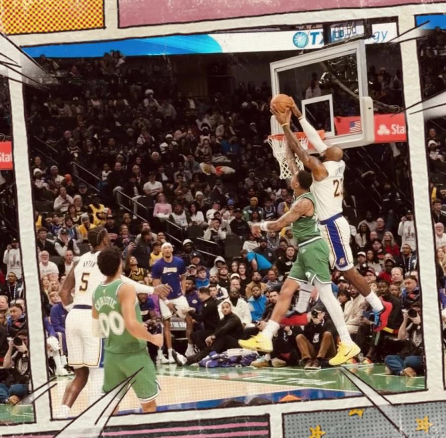 差点又一张名画！詹姆斯高高跃起欲空接隔扣！可惜没扣进去啊…