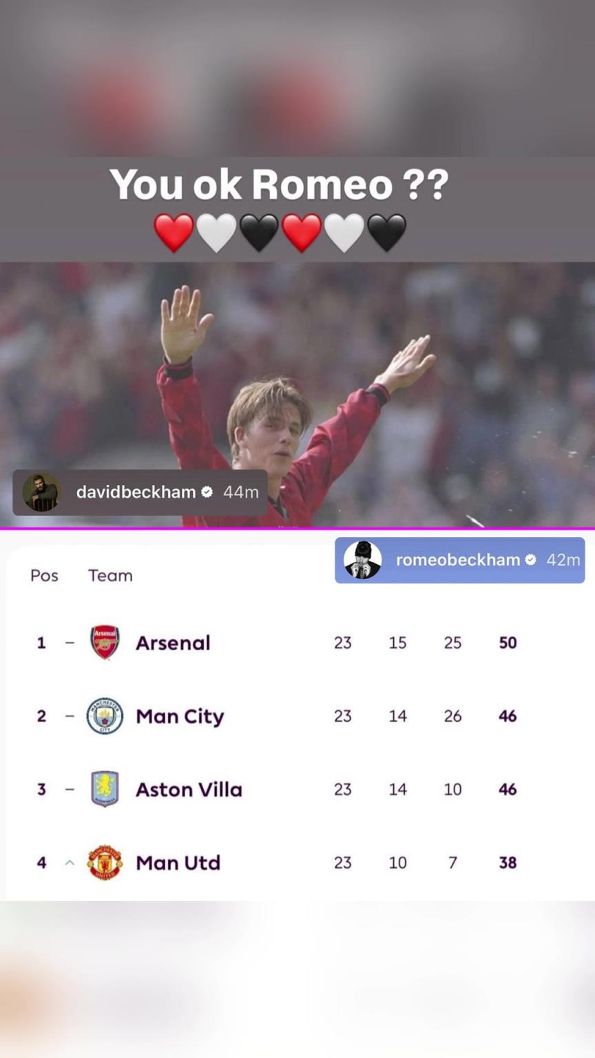 小贝向他阿森纳球迷儿子罗密欧喊话，后者回复了一张积分榜照片