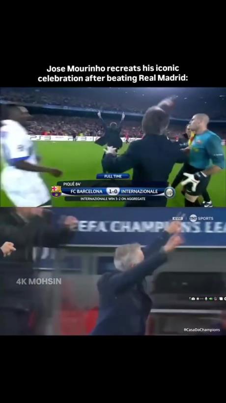 穆帅庆祝时双手指天的动作？国米球迷：征服诺坎普时似曾相识