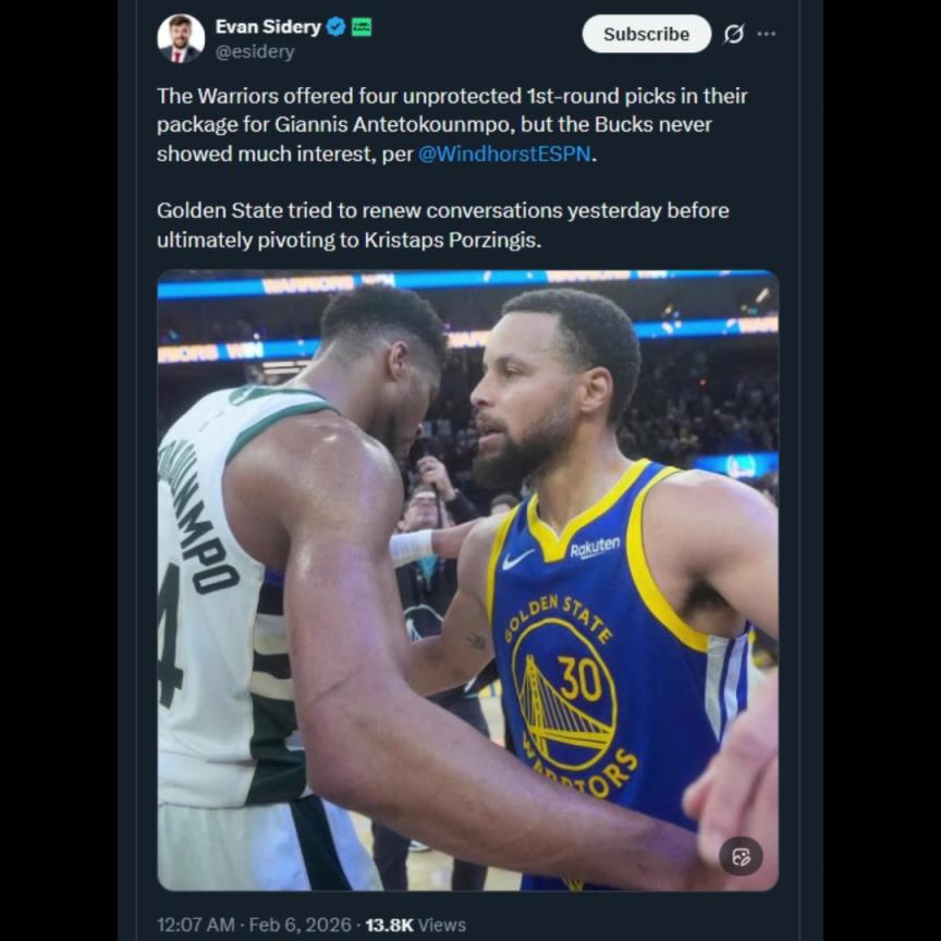 这都不换吗？名记透露：勇士为得到字母哥，给出了4个无保护首轮的丰厚报价！