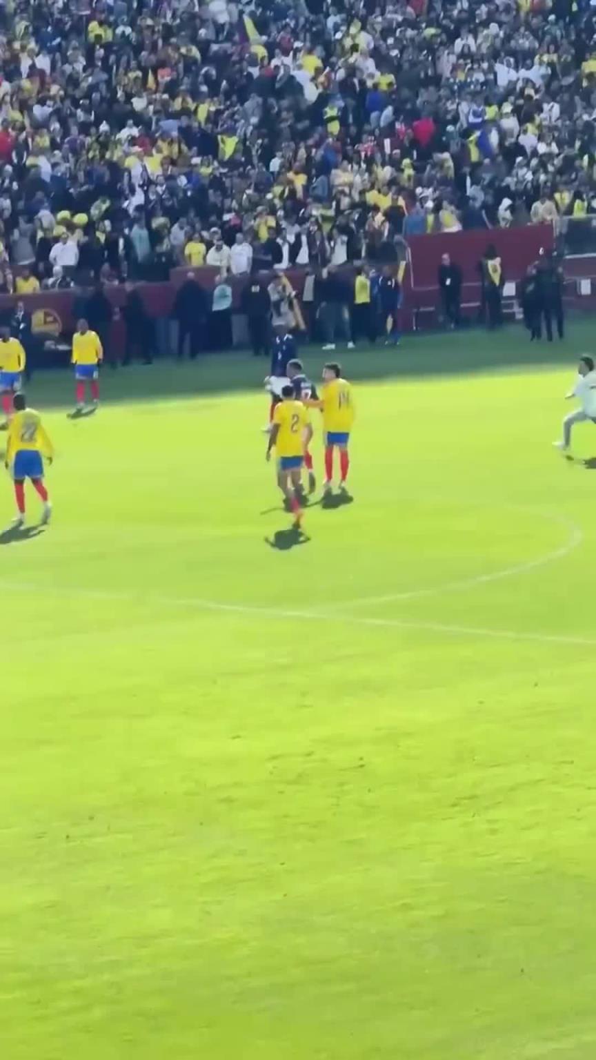 小球迷冲入场内想和姆巴佩互动时被保安摁倒，姆巴佩及时上前解救